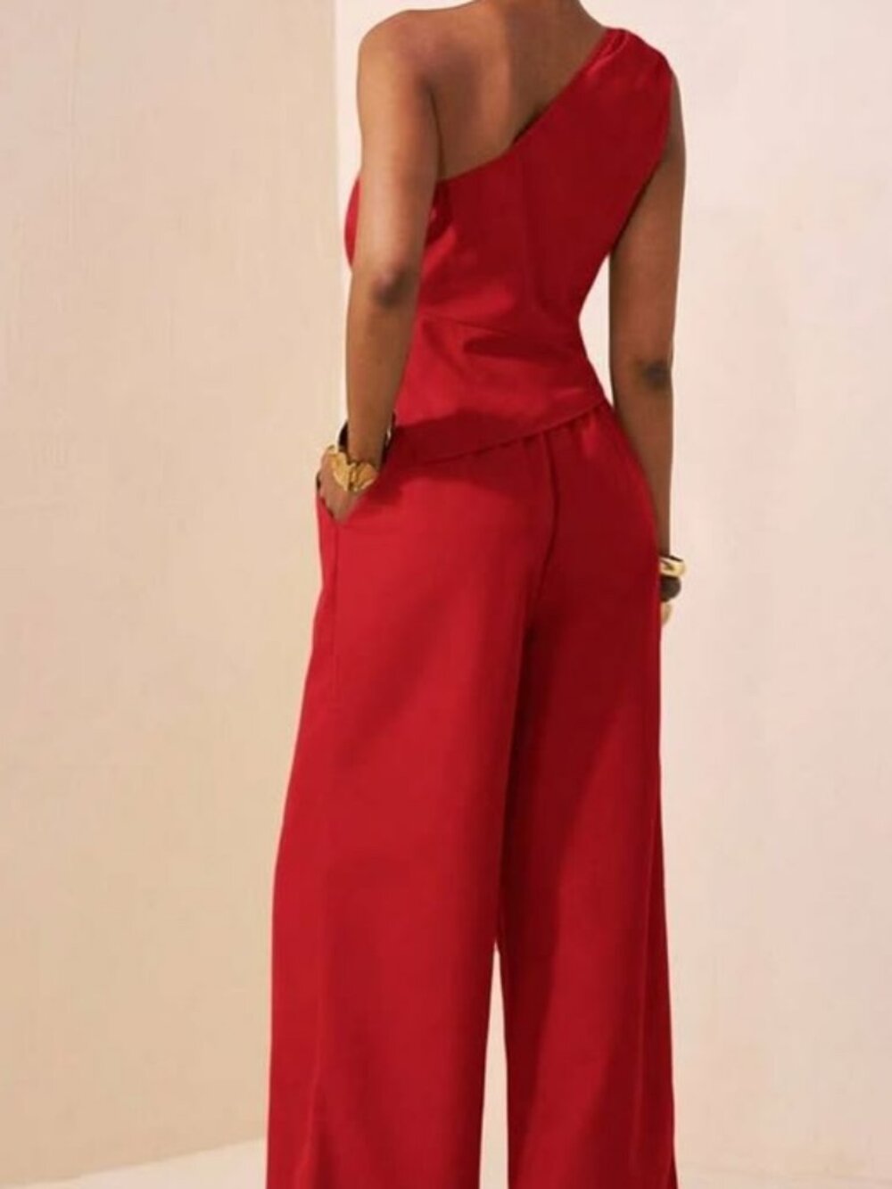 Excellent Condition, SZ L, 2 PC One-Shoulder Top & Pants Set, Red - Picture 2 of 2